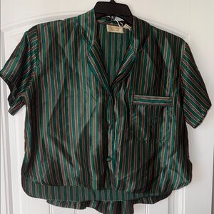 Victoria Secret Gold Label Pajama Top Sz Small Emerald Green Satin Logo Stripes